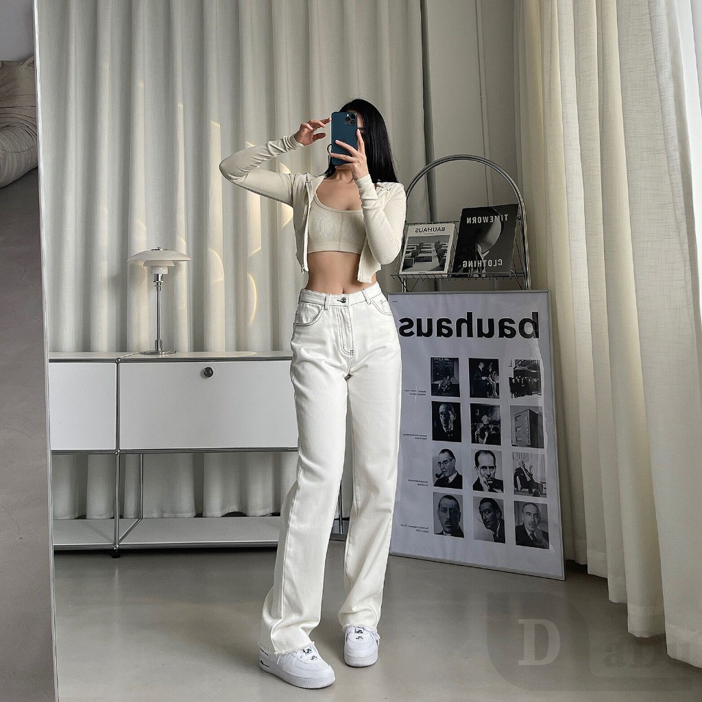 Ảnh Dadu XS ~ 5XL Quần ống rộng Denim Hàn Quốc Quần jean thông thường phong cách BF Dài eo cao Cắt thẳng Quần jean trơn 2