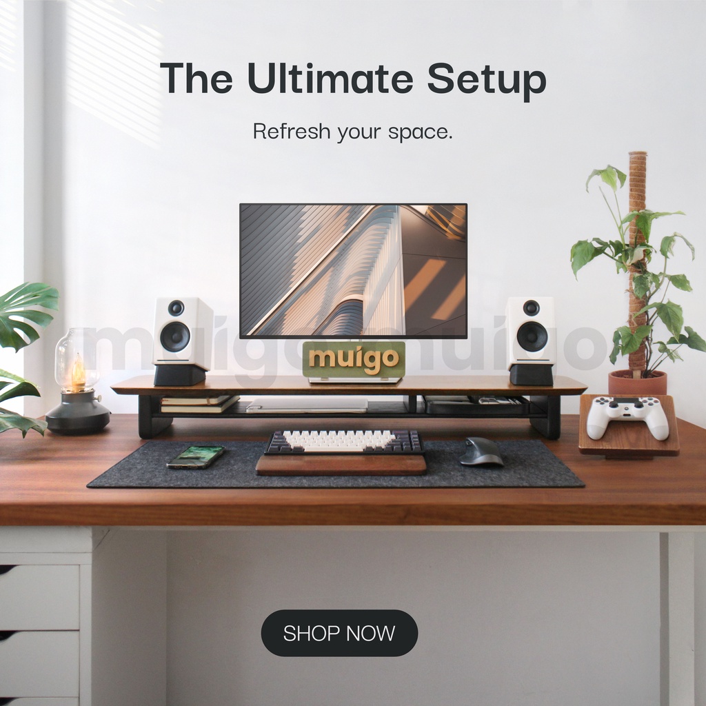 Kệ màn hình máy tính gỗ thịt, Decor góc làm việc, Monitor stand | Muigo Desk Shelf