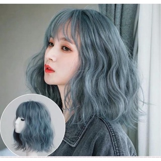 Tóc Giả Nguyên Đầu Xoăn Ngang Vai Mái Bằng Ombre Xanh HaminStore