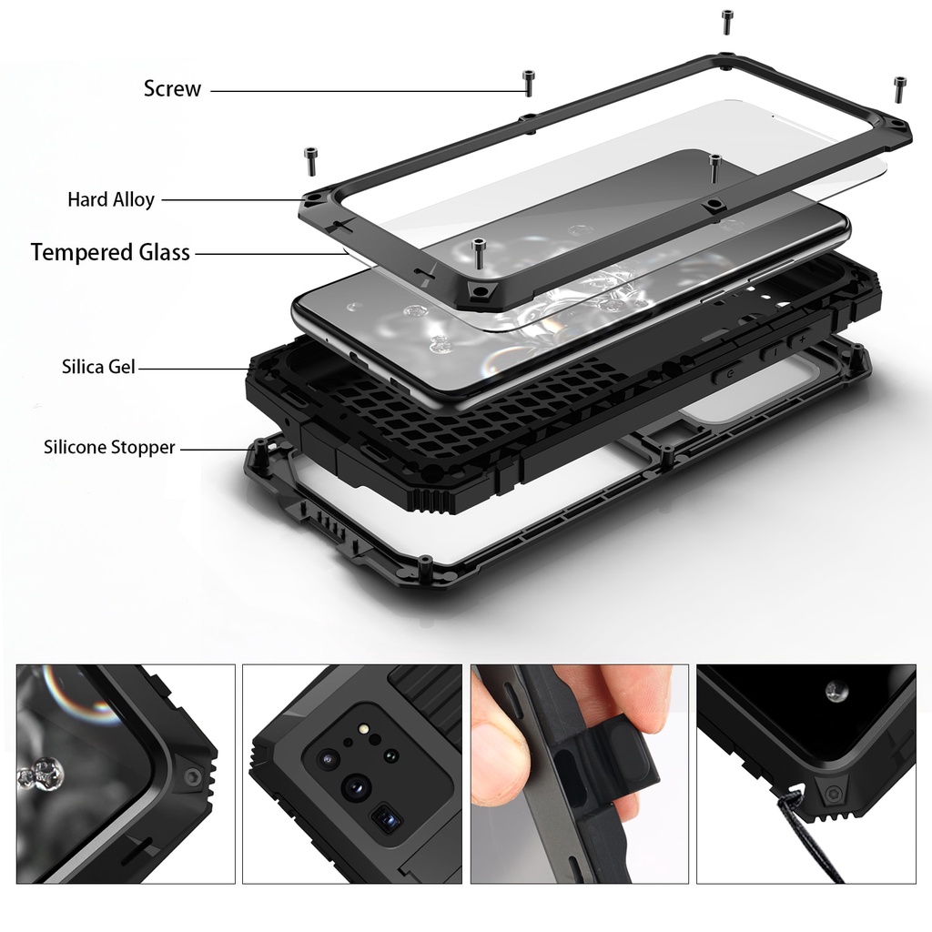 Ốp lưng chống nước 360 Doom Armor IP54 cho Samsung Galaxy S24 Ultra 5G S25 S23 Ultra S21 Plus S20 Plus Note 20 Ultra 5G S22 Ultra Ốp lưng kim loại lai chống sốc