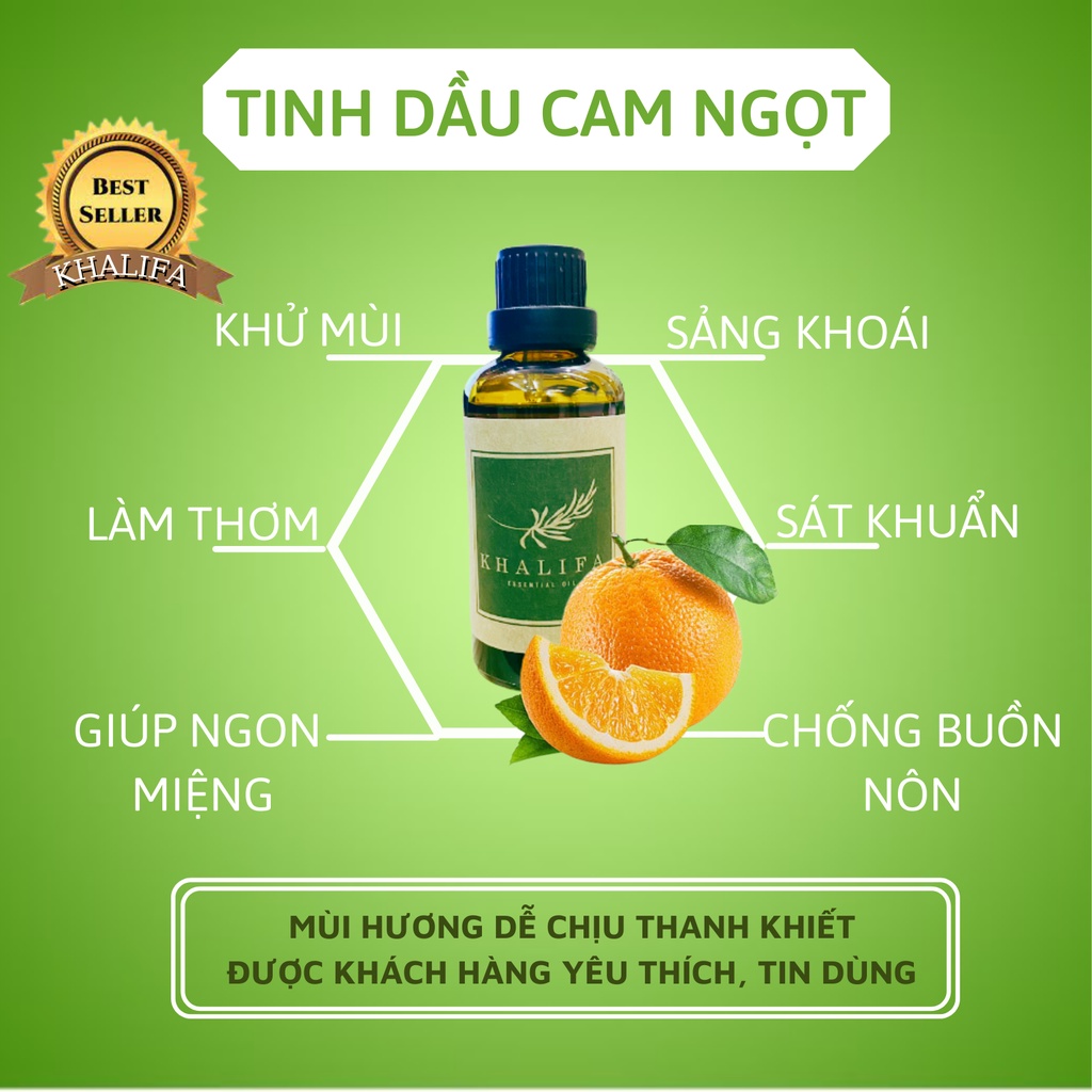 Tinh Dầu Cam Nguyên Chất Khalifa 50ml Tốt Cho Da Giảm Stress Khử Mùi Chống Say Xe Hàng Chính Hãng