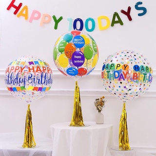Bóng tròn nilong 4D happy birthday phong cách sinh nhật hàn quốc kèm trụ và tua rua