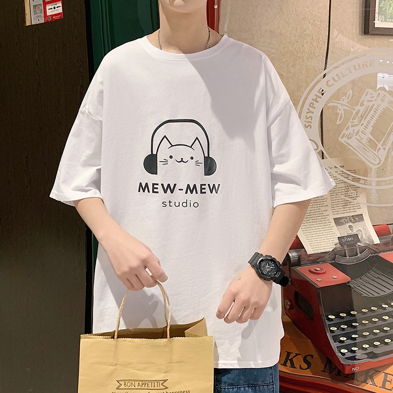 Áo Thun Tay Lỡ HappyFamily In Hình Chú Mèo Đáng Yêu Mew Mew Studio Chất vải cotton 100 cao cấp