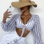 PCF * Nữ Puff Dài Tay Đi Biển Áo Sơ Mi Cổ Chữ V Thắt Nơ Phía Trước Shrug Sọc Crop Cardigan Bộ Đồ Tắm Sheer Cover U