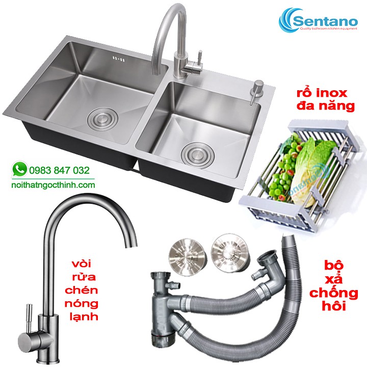 [GIÁ RẺ] Combo chậu rửa chén 2 ngăn lệch inox sus304 82x45cm + rổ inox ...