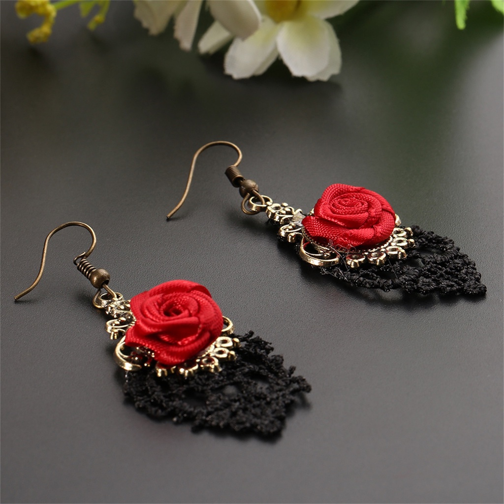 Đôi bông tai ren đen đính hoa hồng đỏ phong cách vintage thời trang dành cho nữ
