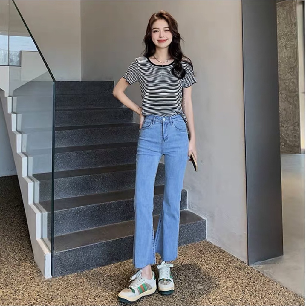 Quần Jean Ống Loe Cạp Cao Dáng Dài Siêu Hot Chất Mềm Co Giãn Tốt