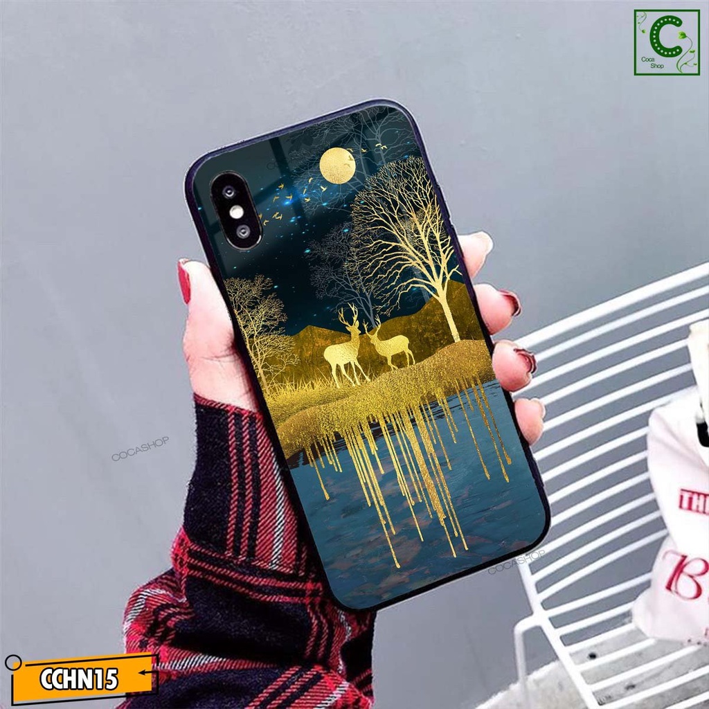 Ốp lưng iphone mặt kính cao cấp  - Đôi hươu vàng trên rừng vàng tài lộc - 6/6plus/6s/6splus/7/7plus/8/8plus/x/.....