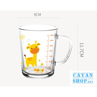 Cốc Thuỷ Tinh Hoạt Hình Pha Sữa Cho Bé, Ly Thủy Tinh Chia Vạch 350ml Nắp Đậy Kín Kèm Ống Hút