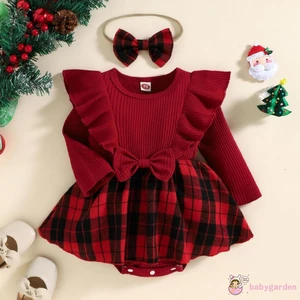 Bộ Áo Liền Quần Tay Dài Cổ Tròn Họa Tiết Kẻ Sọc Đính Nơ Kèm Băng Đô Cài Tóc Xinh Xắn Cho Bé Gái 0-24 Tháng Tuổi