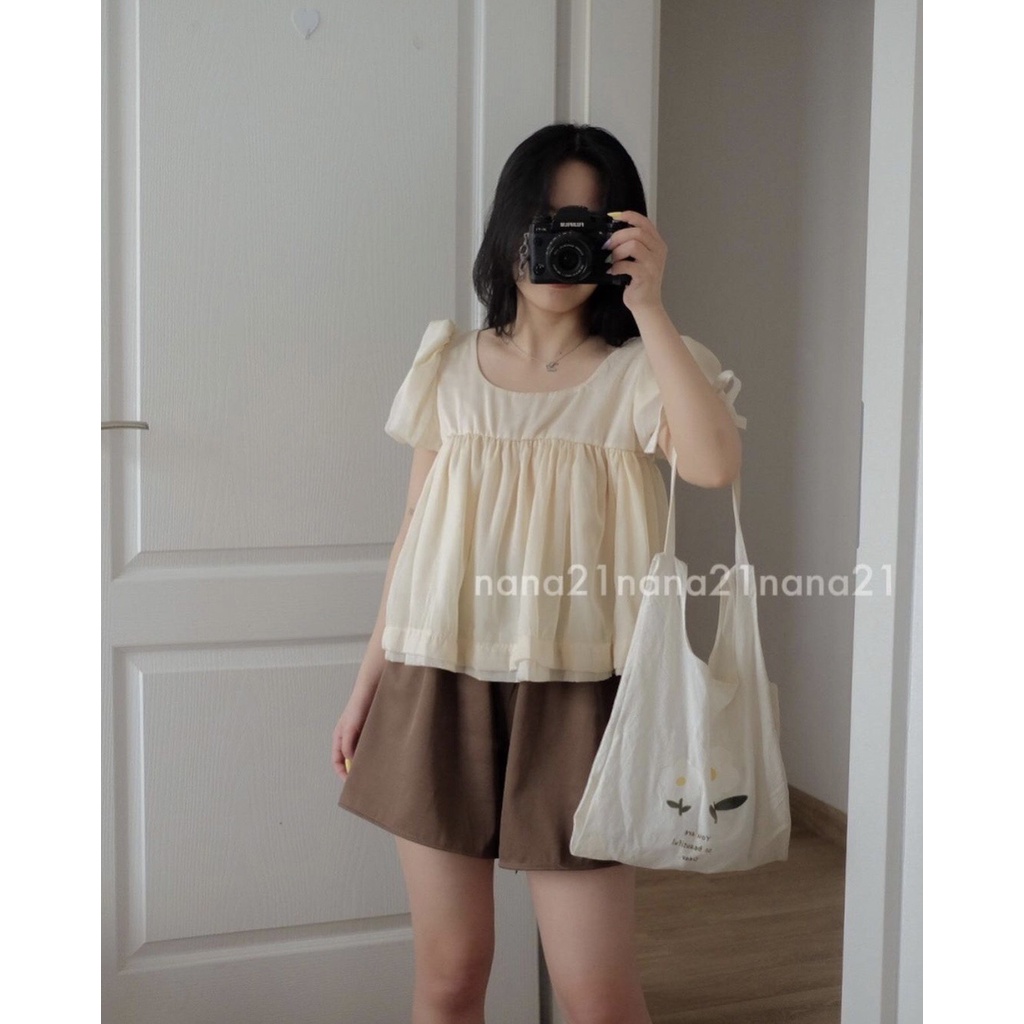 Set bộ áo babydoll voan thắt nơ sau kèm quần short nâu ulzzang