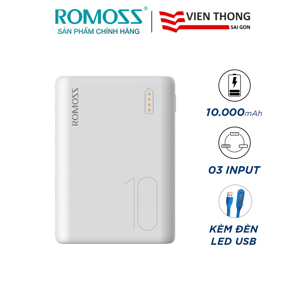 Pin sạc dự phòng Romoss Simple 10 10.000mAh hỗ trợ 3 cổng input tặng ...