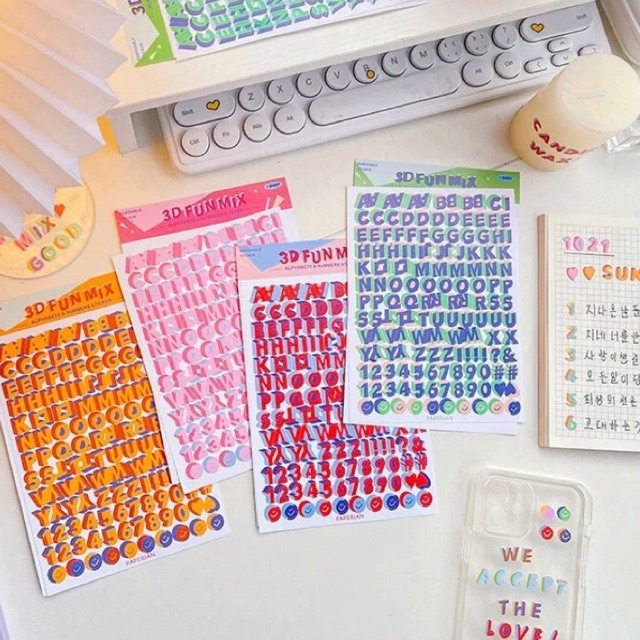 Nhãn dán sticker chữ cái và số 3D nhiều màu trang trí sổ, ảnh polaroid ...