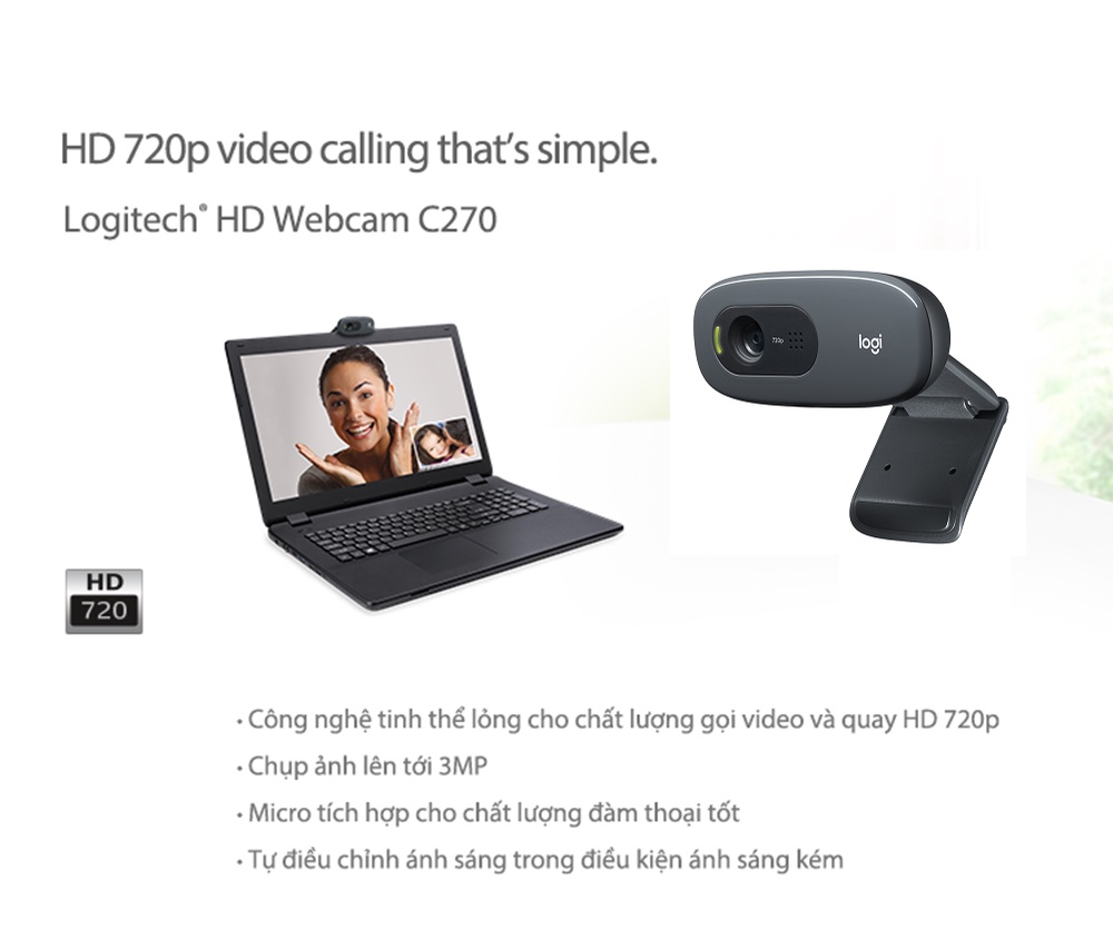 Mô tả Webcam Logitech C270 720p HD - Góc cam 55o, mic giảm ồn, tự chỉnh sáng, chụp ảnh 3MB - 1