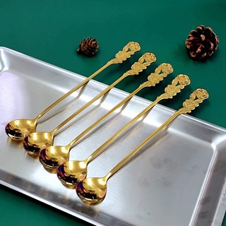 Set 5 Thìa HOA HỒNG INOX 304  Màu Vàng ,Cán Dài,Dập Hình Cành Hoa Hồng Độc Đáo