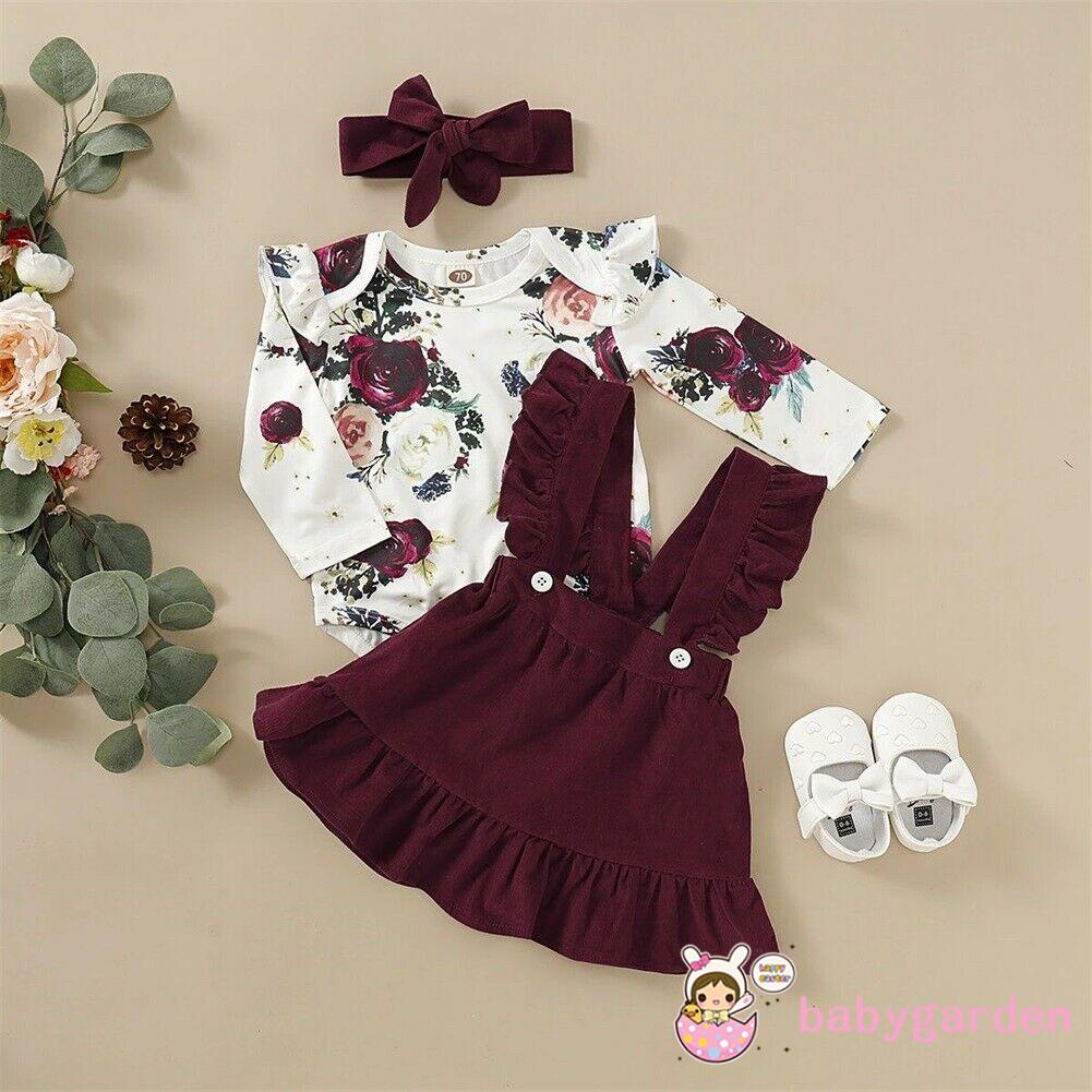 Bộ áo liền quần tay dài cổ tròn + chân váy xòe màu trơn + băng đô thời trang cho bé gái