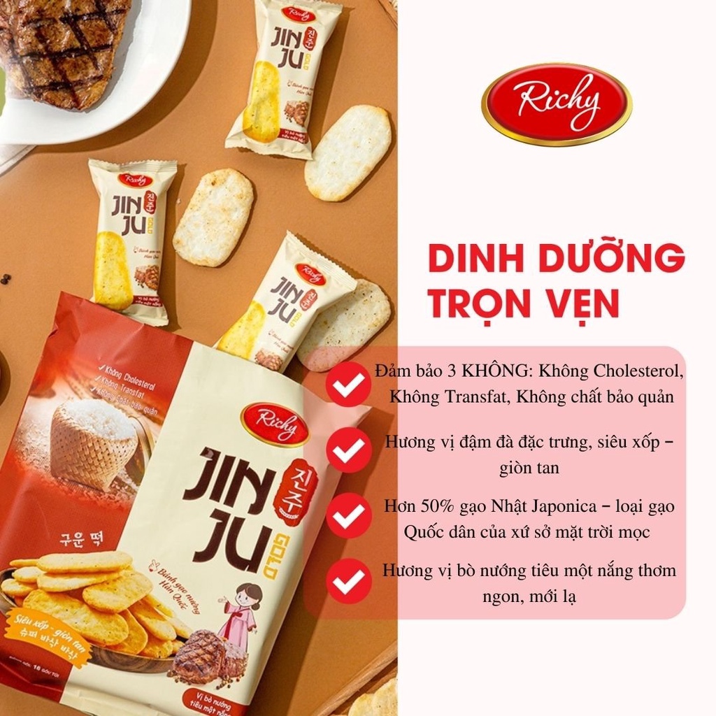 [MUA 3 TẶNG 1] Bánh Gạo JINJU RICHY Vị Bò Nướng Tiêu Gói 134,4g Datet11/2026