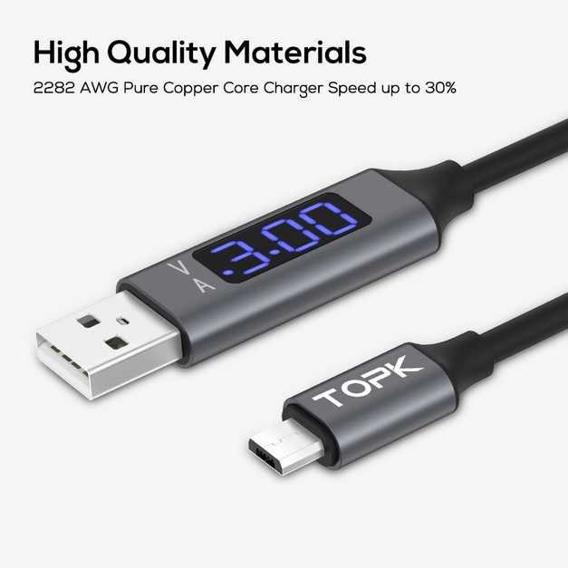 Dây cáp sạc nhanh TOPK AC32 micro USB có màn hình hiển thị điện áp cho ...