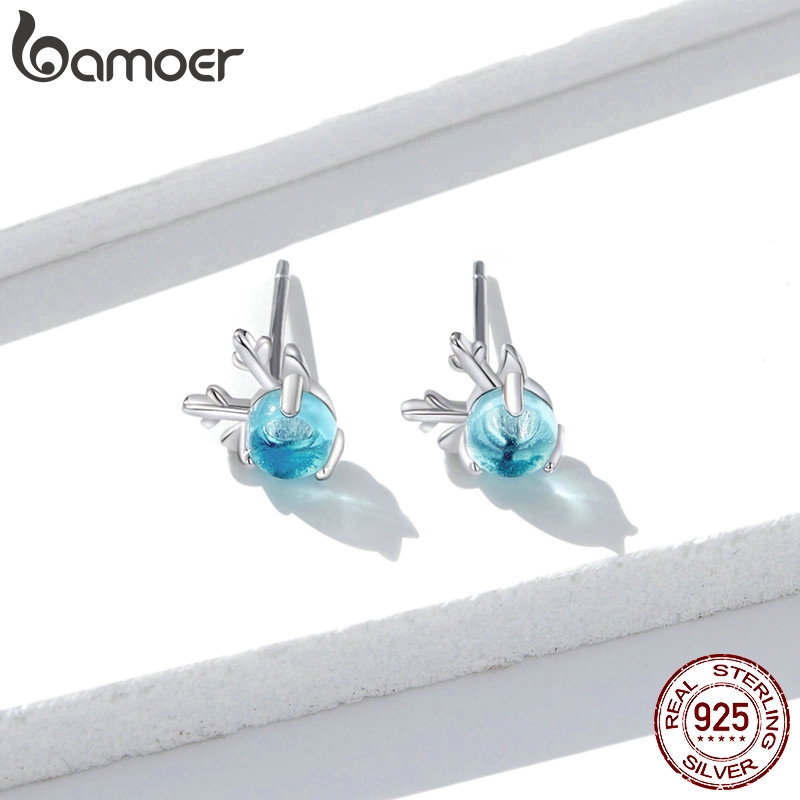 Bamoer Bông Tai bạc 925 Hình Sừng Hươu Đính Đá Thời Trang