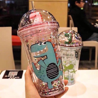 Bình nước khủng long 3D kim tuyến nhiều màu sắc (450ML), giữ nhiệt hai lớp kèm ống hút siêu cute