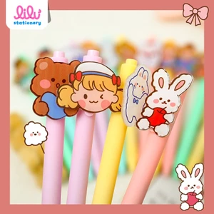 Bút bi cute nước xanh đen tùy đợt hàng bấm màu gel gắn kèm sticker cứng cưng sỉu
