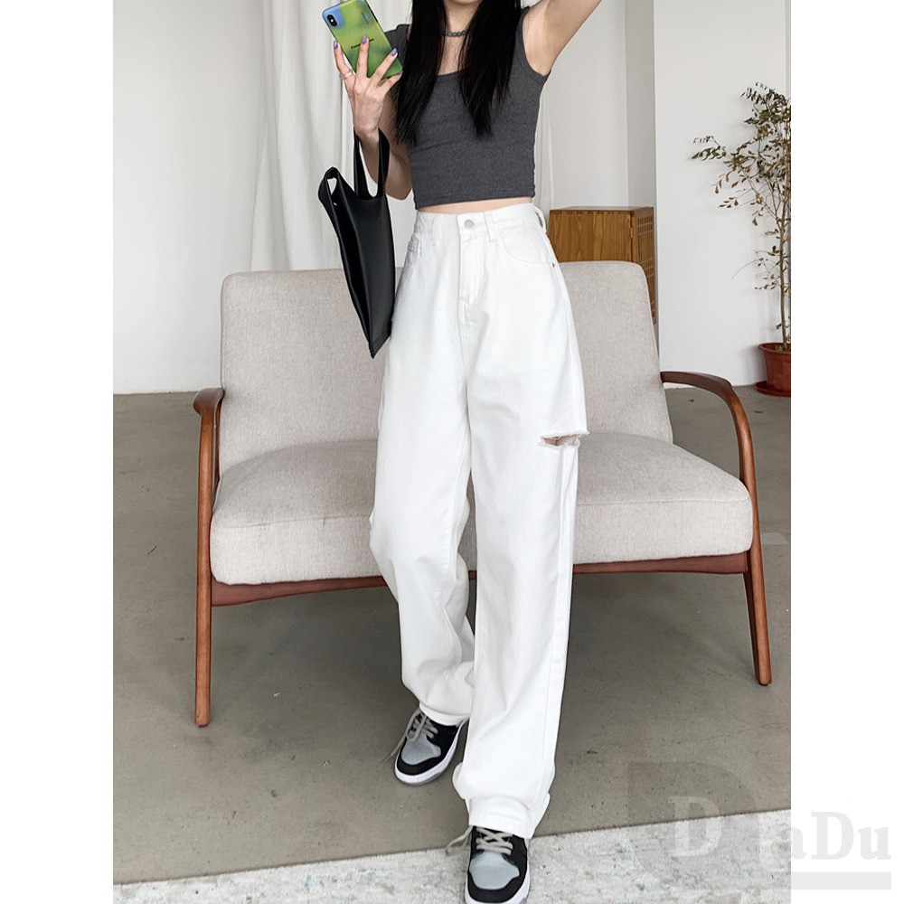Ảnh Quần Jean Dài Ống Rộng Rách Gối plus size Cho Nữ 2