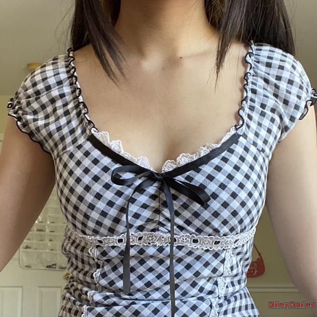 Áo croptop cổ vuông phối ren họa tiết sọc caro Y2K
