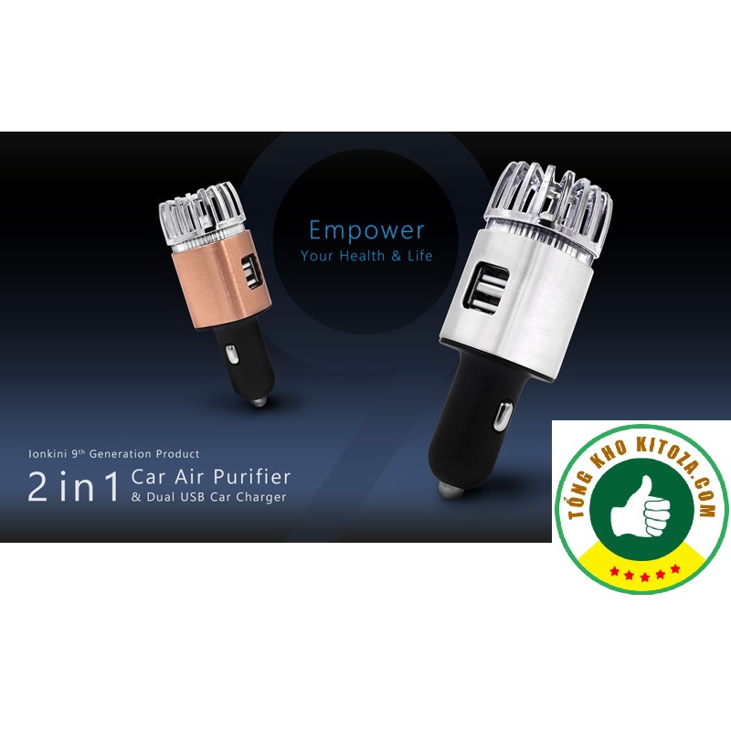 Máy lọc không khí ô tô tạo ion âm Ionkini 12V kèm tẩu sạc 2 cổng USB 5V/2A khử mùi, lọc bụi cho xe hơi-cao cấp-siêu xịn
