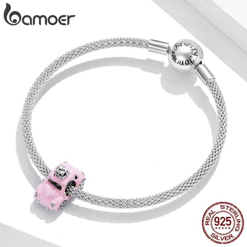 Hạt Xỏ Vòng Tay Bamoer SCC1738 Bằng Bạc Thật 925 Hình Xe Hơi Màu Hồng Để Làm Trang Sức DIY Cho Nữ