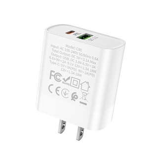 Củ sạc 2 cổng USB Hoco C80 chân dẹp USB-A QC3.0 18W và Type-C PD20W (Trắng) - Phụ Kiện Nhất Tín