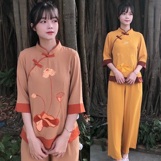 Sẫm 2Nút Phối Vải Đũi Cao Cấp # Đồ Bộ Nữ Đi Chùa
