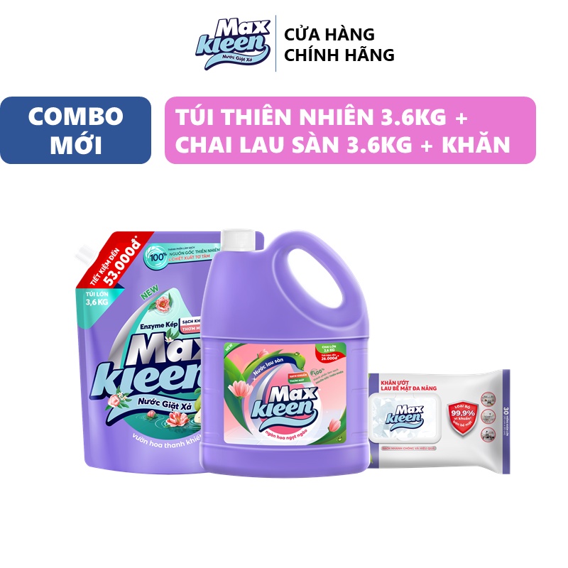Ảnh Combo Túi nước giặt xả thiên nhiên 3.6kg + Chai nước lau sàn ngọt ngào 3.6kg + Khăn lau đa năng MaxKleen 2