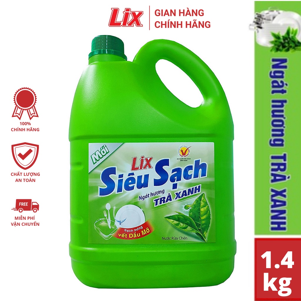 Nước Rửa Chén Lix Siêu Sạch Hương Trà Xanh 1.4Kg N8106 thơm dịu sạch bóng vết dầu mỡ