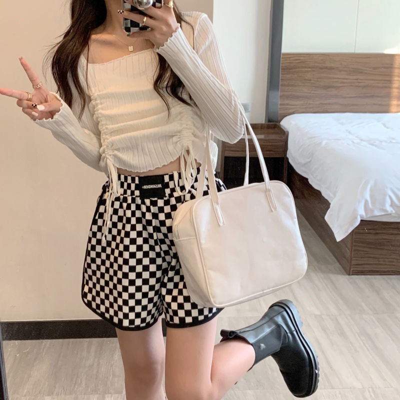 Quần short thường ngày ống rộng eo cao cắt thẳng họa tiết ca rô thời trang mùa hè dành cho nữ