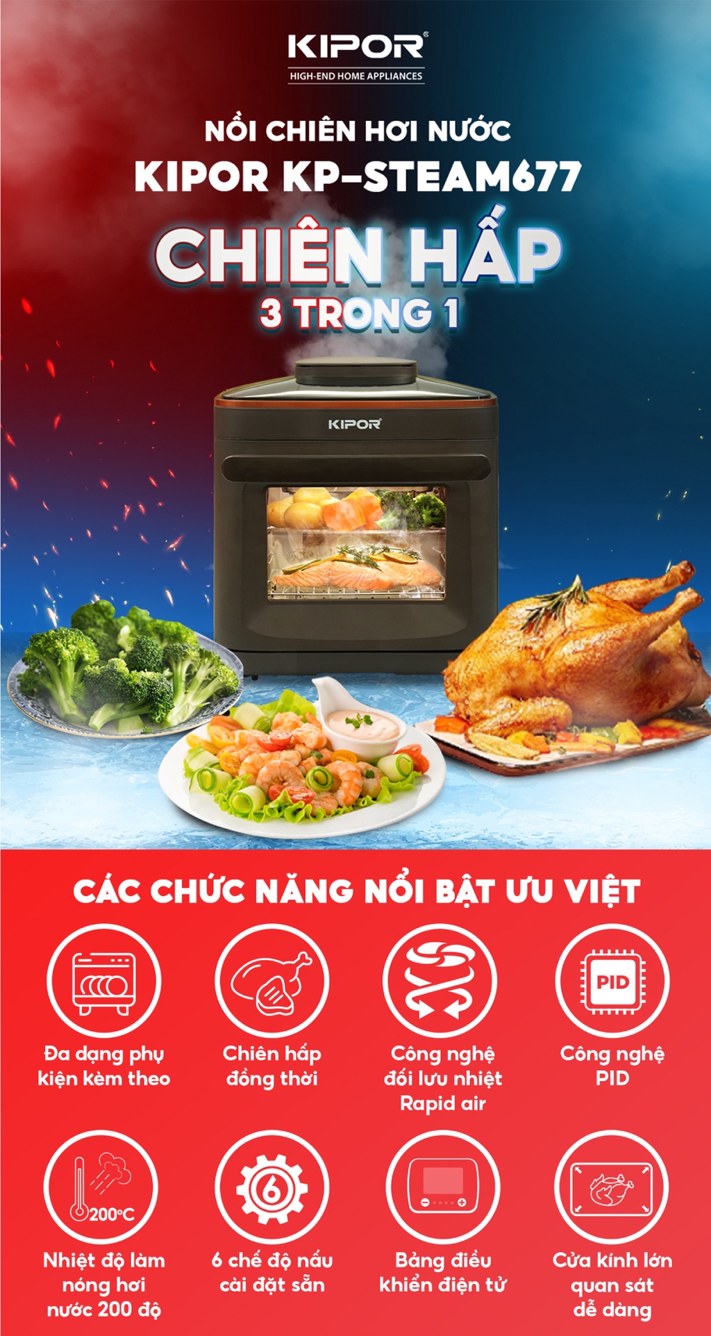 Nồi chiên hơi nước KIPOR KP-STEAM677 đa năng