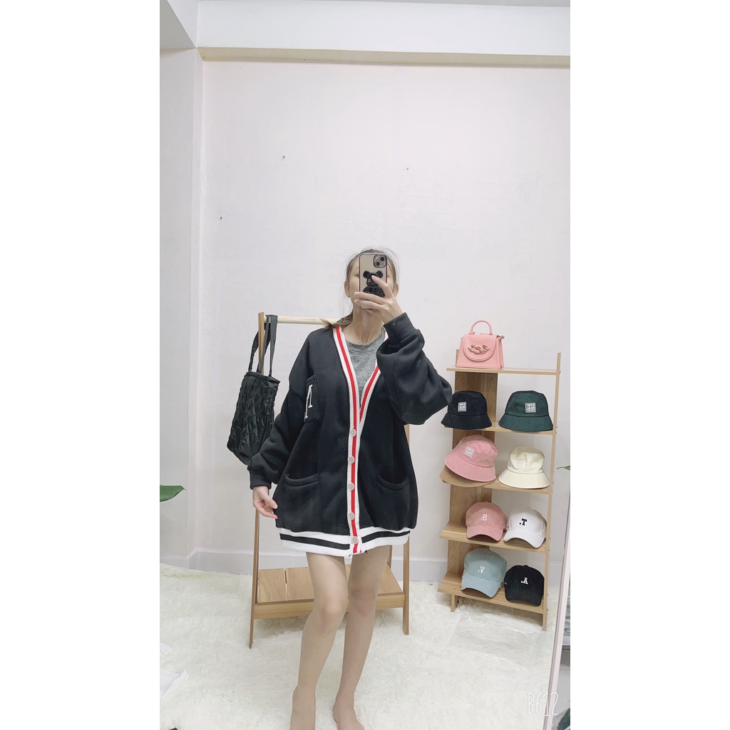 Áo Cardigan Nữ nỉ Dày Sọc Đỏ Trắng bo viền Có Túi, Cadigan chữ NLS Ulzzang Hàn Quốc