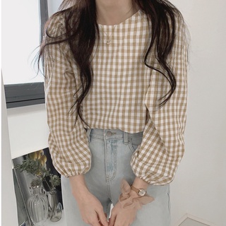 Áo Sơ Mi Nữ Dài Tay Cổ Tròn Sọc Caro Thời Trang Hàn Quốc