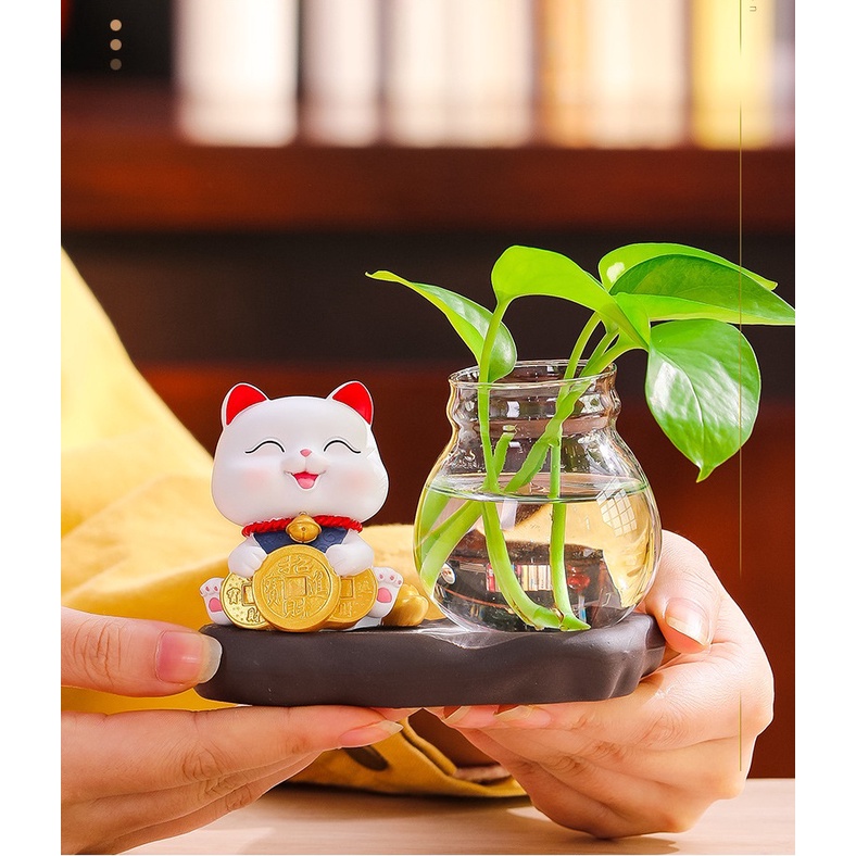 Bộ decor Mèo thần tài may mắn kết hợp cùng bình thủy sinh trang trí nhà, bàn làm việc góc học tập giúp mang lại may mắn