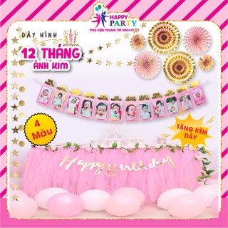 Dây treo ảnh 12 tráng, dây hình 12 tháng trang trí sinh nhật, trang trí thôi nôi HAPPY PARTY cao cấp ánh kim kt 11x21cm