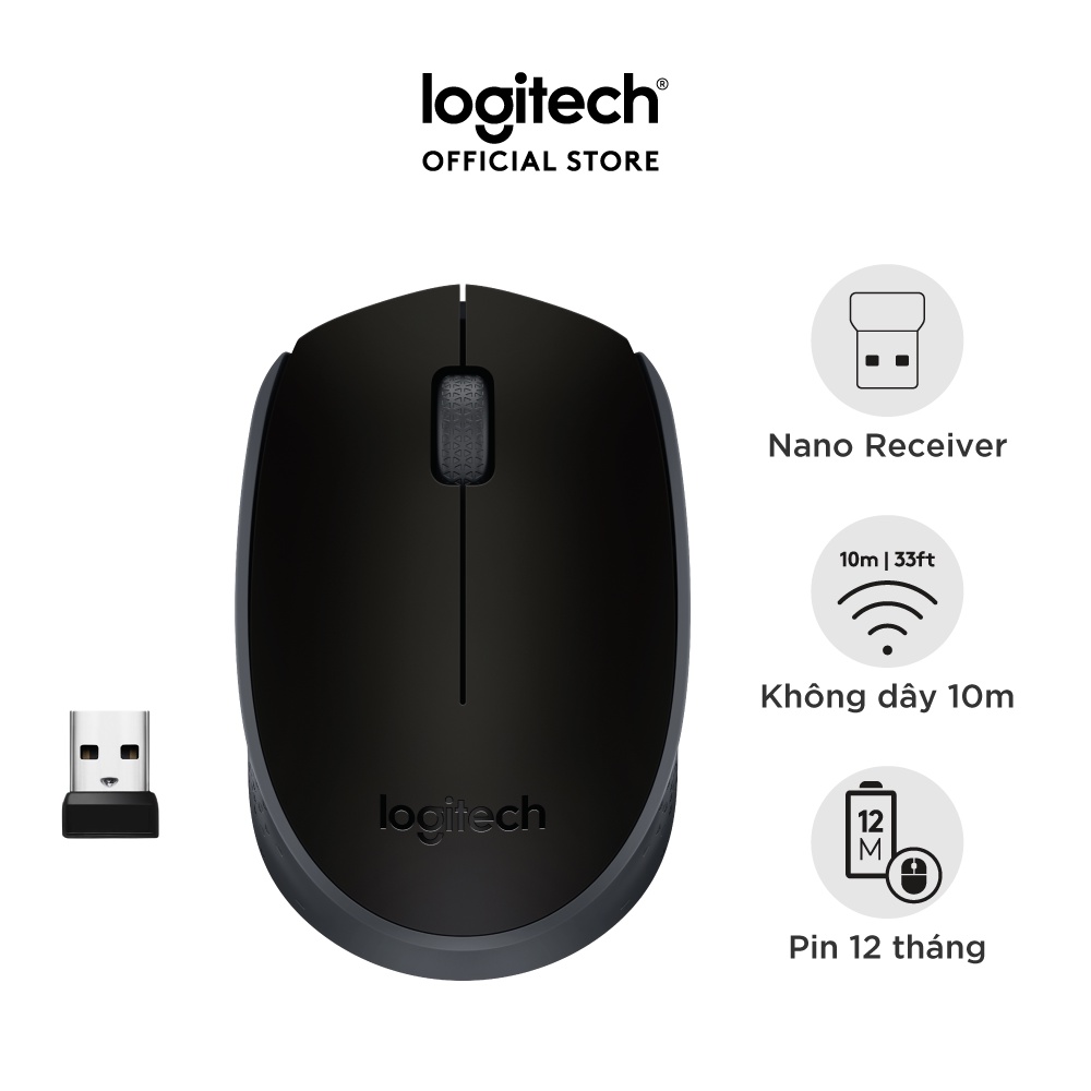 Chuột không dây Logitech B170 - USB, nhỏ gọn, thuận cả 2 tay, phù hợp PC/Laptop