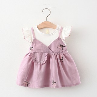 (3-6th) Váy bé gái giả yếm tay bèo hàng Quảng Châu vải cotton tự nhiên mềm mát D722