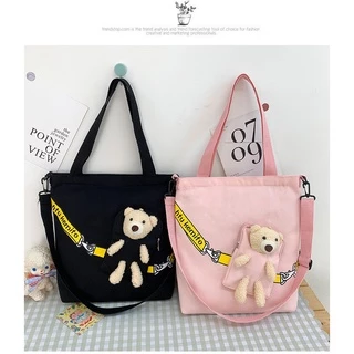 Túi Tote Vải Canvas Có Khóa Kéo In Hình Gấu Bông Dễ Thương Thời Trang Cho Nữ
