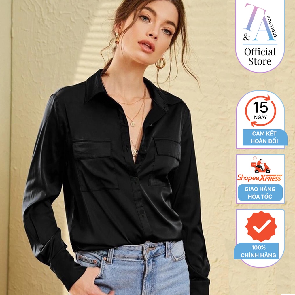 Áo sơ mi nữ Satin pocket shirt Celebshop Edition màu đen trung tính, sang trọng dễ phối đồ ChiDu - TA022
