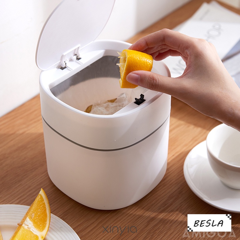 Thùng rác để bàn mini màu trắng xanh nắp bật/lò xo đơn giản sang trọng ...