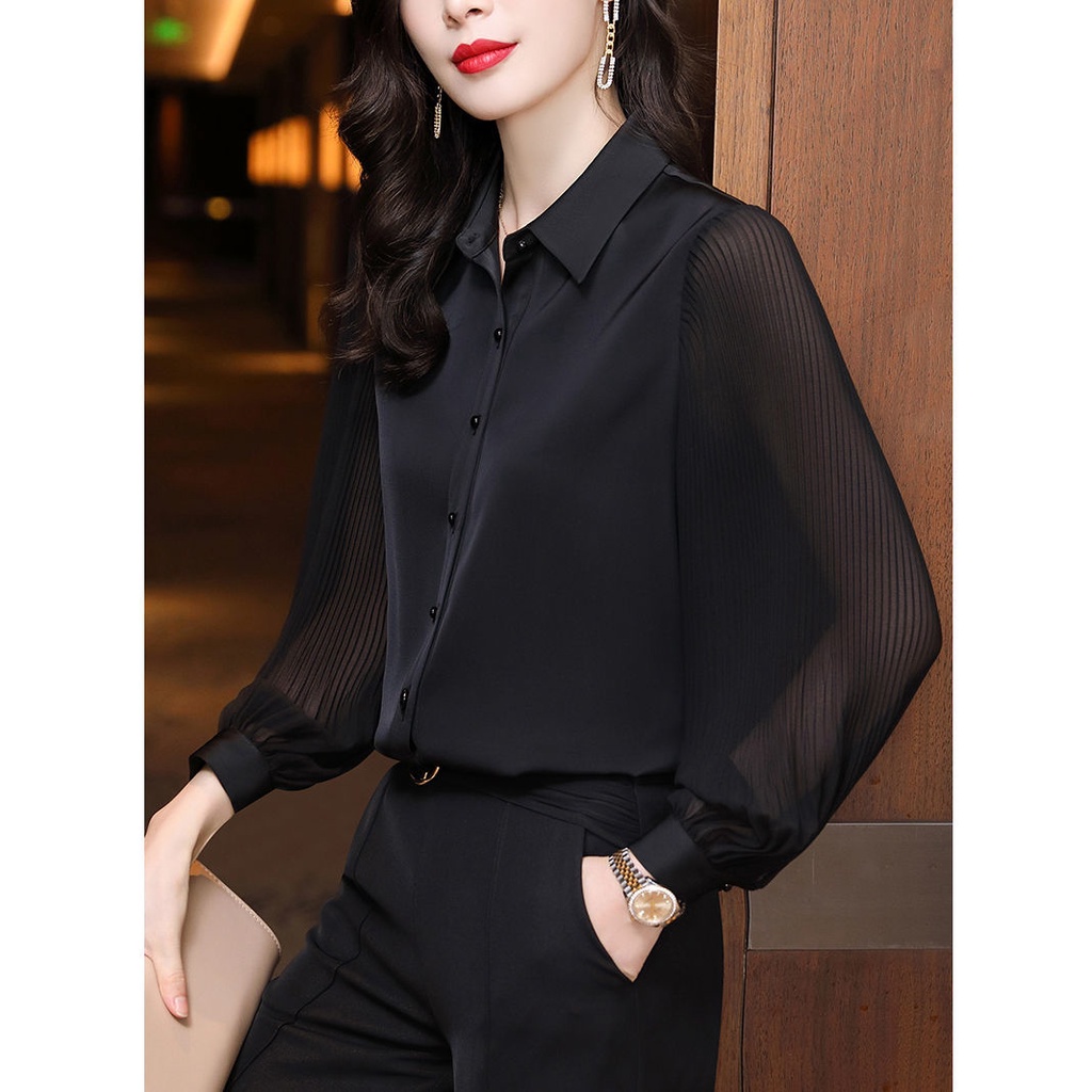 Áo sơ mi nữ dài tay màu đen trơn dành cho nữ Áo sơ mi voan công sở