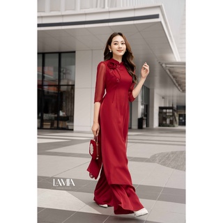 Áo dài truyền thống Lamia phối hoa nổi AD069. Chụp ảnh siêu xinh và tôn dáng