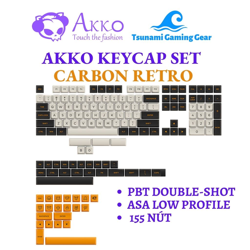 Bộ keycap AKKO Carbon Retro (PBT Double-Shot/ ASA Low profile/ 155 nút ...