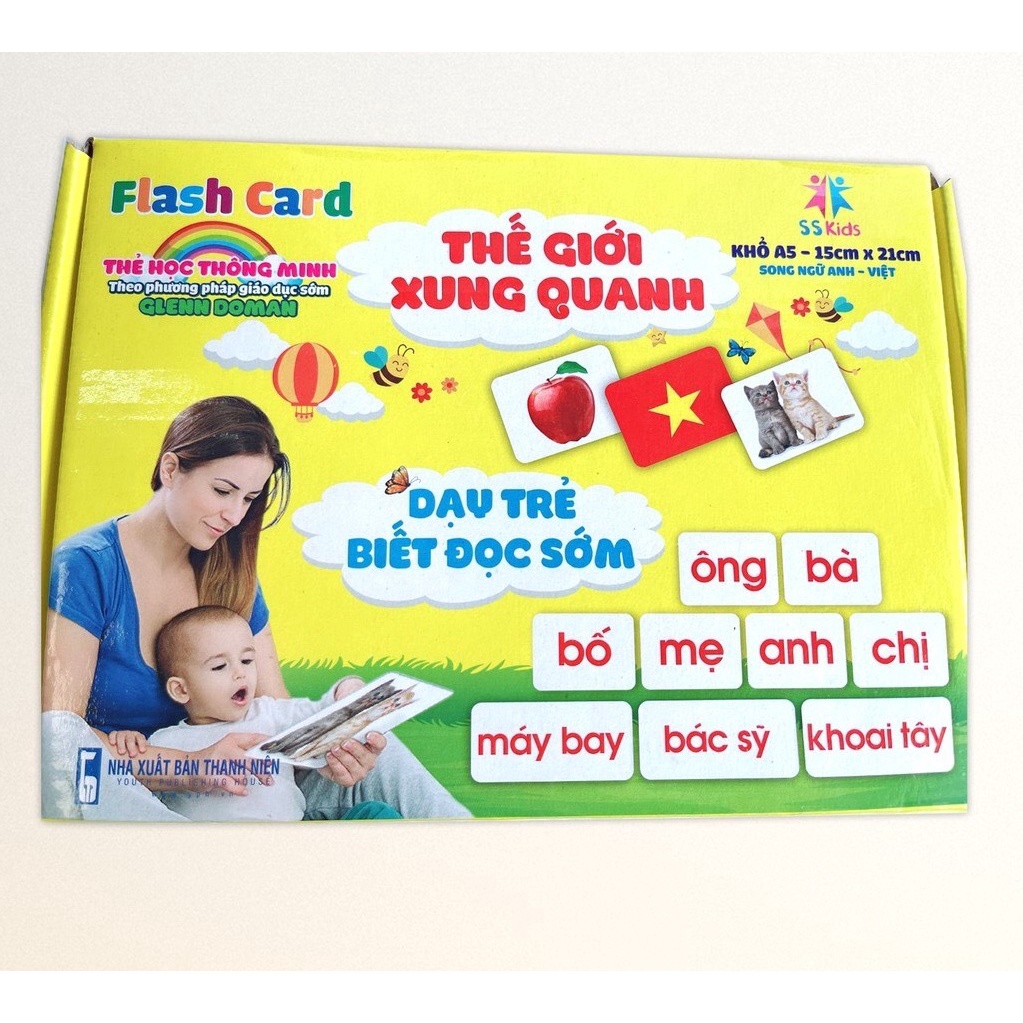 Thẻ Flashcard A5 khổ 15x20cm Bộ 100 thẻ học thông minh 14 chủ để song ngữ dày đẹp dạy bé theo phương pháp Glenn Doman