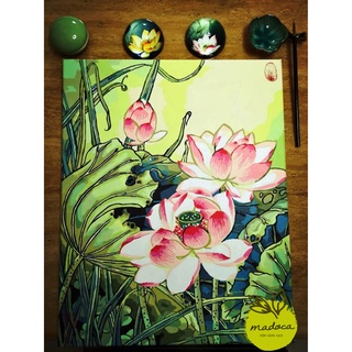 Tranh tô màu số hóa Madoca có khung 40x50cm Hoa sen xanh lá T187