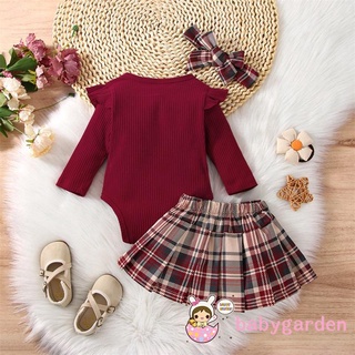 Babygarden-0-18 tháng tuổi Bộ trang phục bé gái, Áo liền quần dài tay có gân + Váy xếp ly kẻ sọc + Bộ băng đô